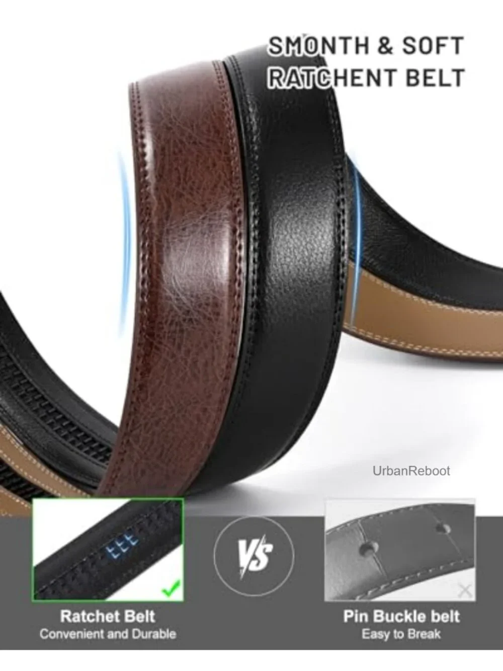 2 Pack Men's Ratchet Leather Belt Straps Without Buckle 1.38